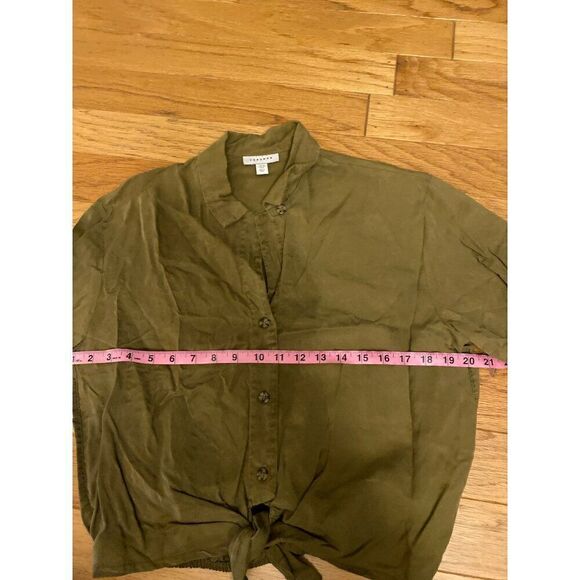 Topshop Women's Olive Green cropped Button-Up Tie-Front collared Shirt Size US 6 - Picture 6 of 8